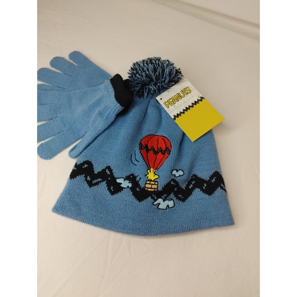 Children's Youth Kids Snoopy Woodstock Pom Pom Beanie Hat Cap & Mittens New Knit